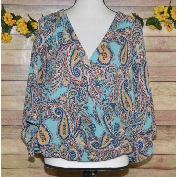 Veronica M. Ladies Paisley Faux Wrap V-Neck Blouse Top Size L Boho Colorful - Picture 1 of 10